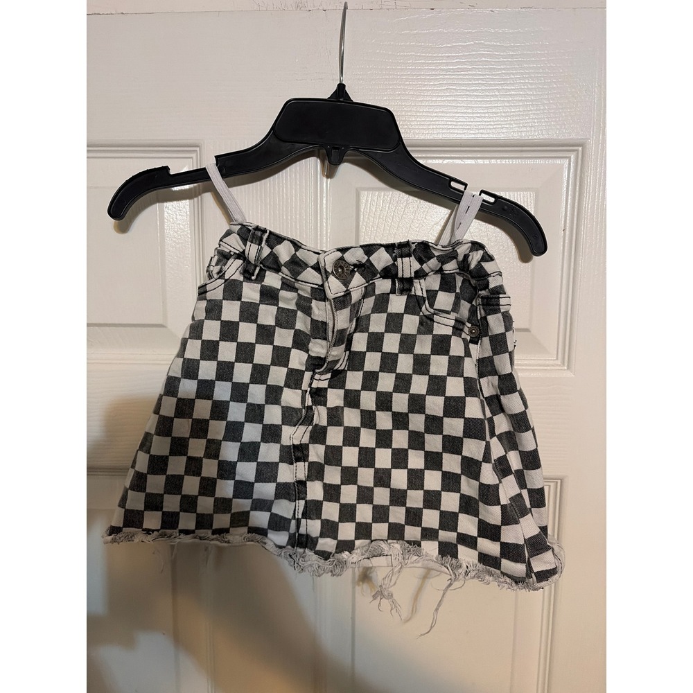 Steve Madden Kids Girls Checkered Denim Mini Skirt Black White Frayed Hem Size 8